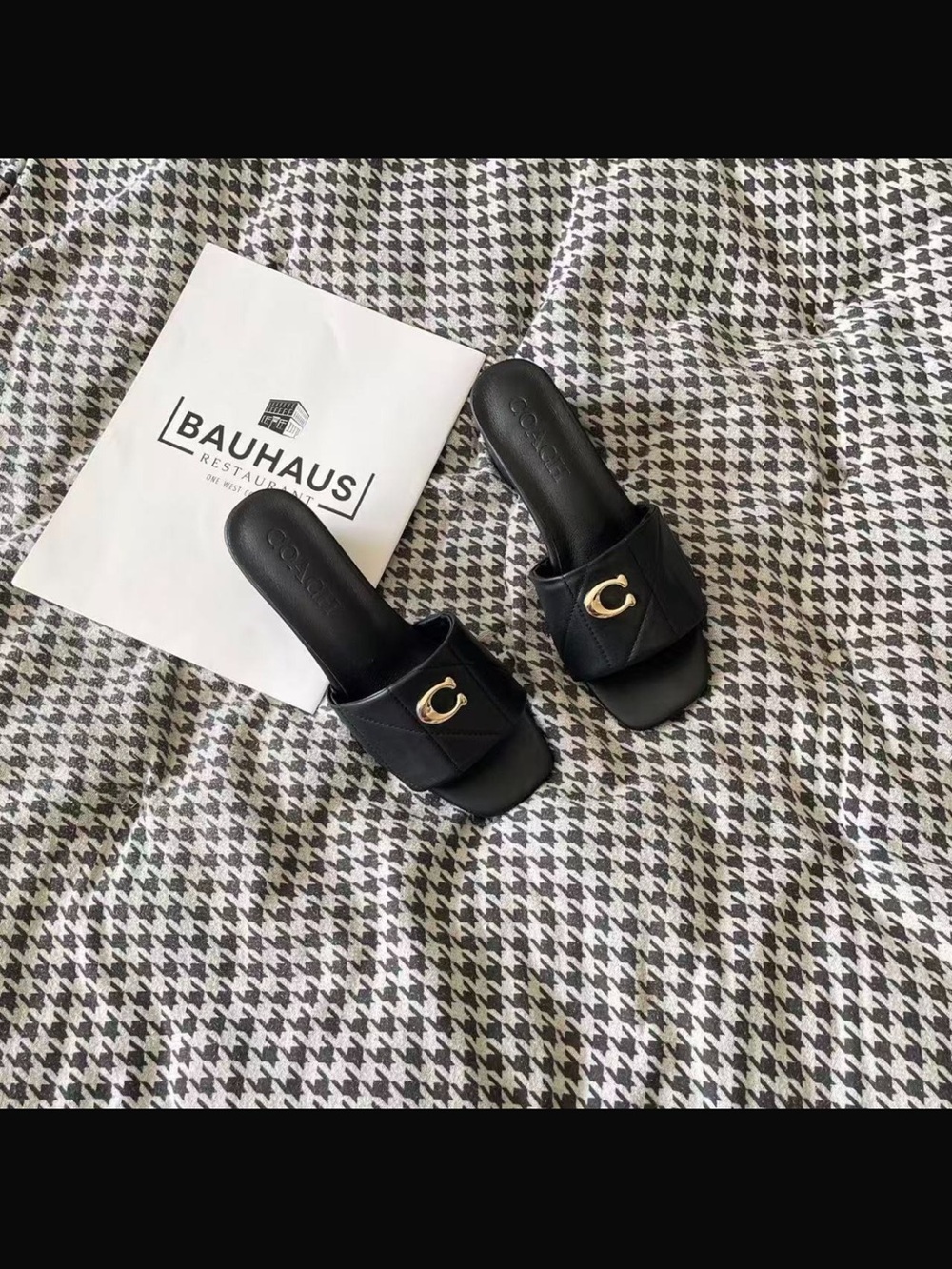 Coach Black Leather Slide Mules with Gold 'C' Hardware